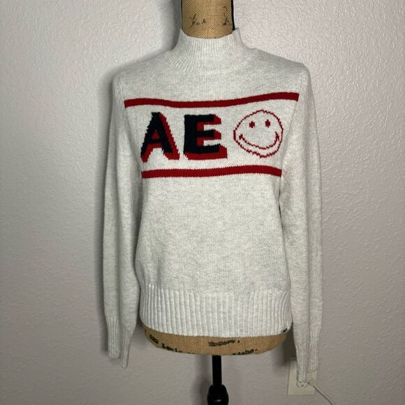 American Eagle x Smiley Mock Neck Sweater Grey Size M Retro Preppy Long Sleeve - Picture 1 of 8